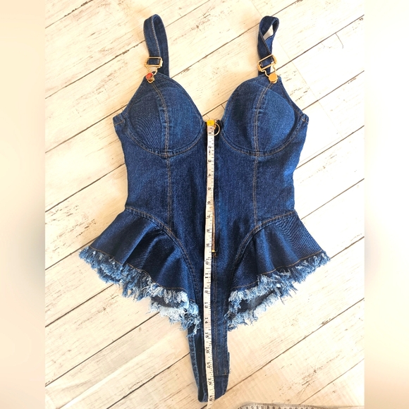 RARE JW Signature Blue Denim Corset Flare Bodysuit Overall Straps Unique Sexy - Picture 11 of 11